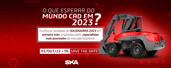 A imagem contém um fundo vermelho, com um trator nas cores vermelho e preto em primeiro plano, do lado direito. Do lado esquerdo, está escrito, acima, a pergunta "O que esperar do mundo CAD em 2023?"; abaixo, contém o texto "Confira as novidades do SOLIDWORKS 2023 em primeira mão, analisadas pelos especialistas mais premiados do mercado brasileiro". Ao final, a data do evento, 05 de outubro de 2022, seguido do termo "Save the date".
