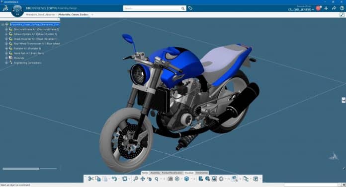 Imagem do software CATIA 3D com o design de uma motocicleta.