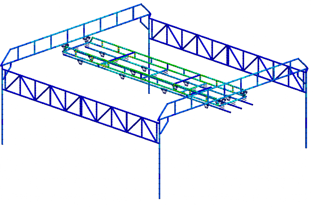 A figura apresenta um exemplo de análise estrutural estática de estrutura de ponte rolante.
