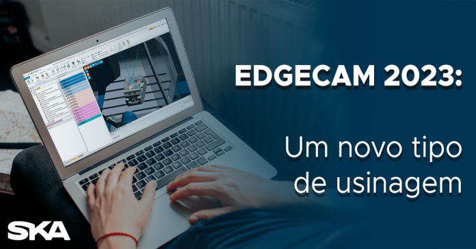 Arte de um notebook com a frase "EDGECAM 2023: Um novo tipo de usinagem" aplicada.