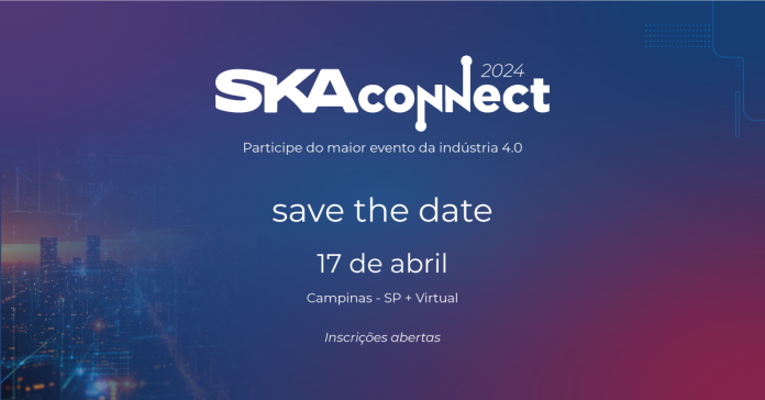 Arte gráfica com o Save The Date do SKA Connect 24. O evento ocorre no dia 17 de abril, em Campinas, São Paulo.