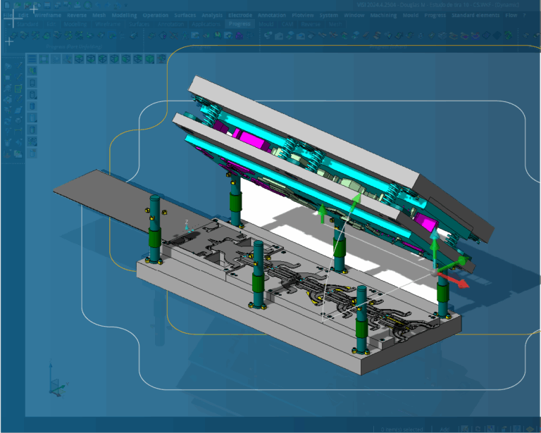 arte gráfica ilustrando o software VISI em processo de estampo progressivo