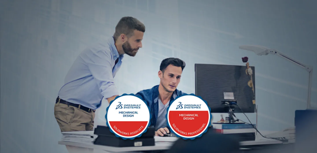 Imagem de dois homens trabalhando e com logos da dassault systèmes em, primeiro plano fazendo alusão aos benefícios da licença SOLIDWORKS