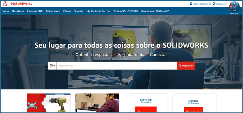 Imagem do site da SOLIDWORKS em alusão aos recursos de treinamento da licença SOLIDWORKS
