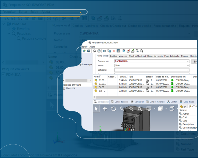 arte gráfica mostrando tela do software solidworks pdm
