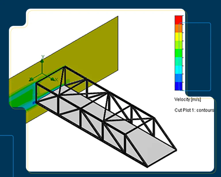 imagem de uma simulação FSI (interação fluido estrutura) no SOLIDWORKS