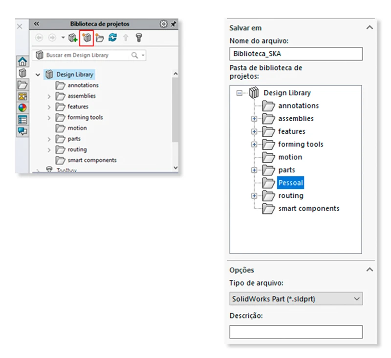 Tela da biblioteca de projetos no SOLIDWORKS