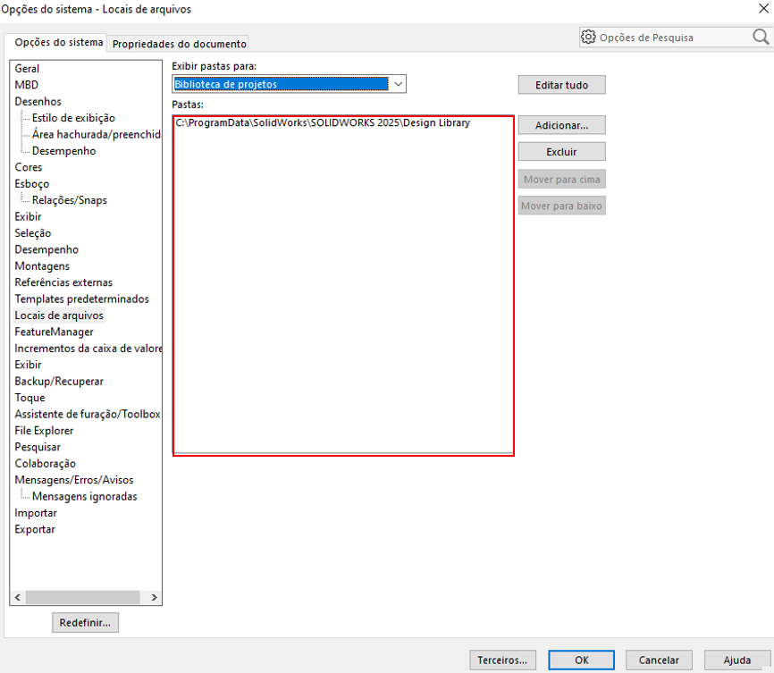 Tela da biblioteca de projetos no SOLIDWORKS