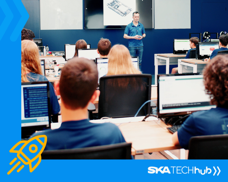 arte mostrando alunos de educação tecnólogica no ska tech hub