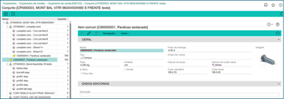 interface do lantek gerando orçamento de corte de chapas