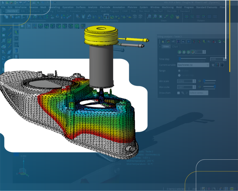 arte gráfica mostrando interface de validação de projeto de molde de injeção plástica no visi flow