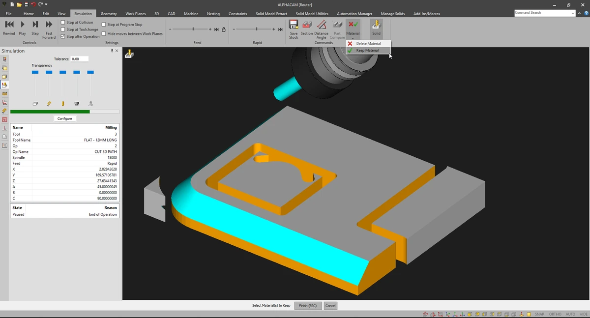 Percurso de ferramenta 3D no ALPHACAM 2026 em peça de geometria complexa