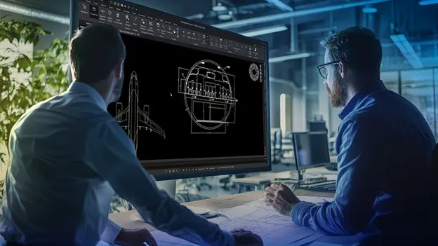 Engenheiro em frente a tela com desenho 2D