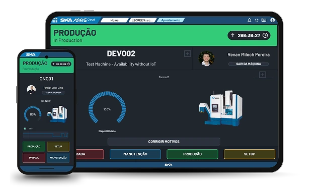 App e painel SKA MES Cloud mostrando apontamento de produção no celular e na máquina